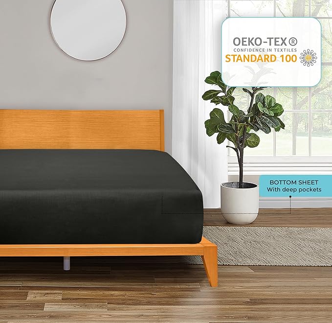 ROYALE LINENS 300 Thread Count 100% Long Staple Combed Cotton Fitted Sheet Full - Super Soft Deep Pocket Bottom Sheet - Fitted Sheets Only - Elastic Sheets (Full, Black)