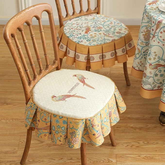 patdrea Pack of 2 Chair Cushions for Dining Chairs with Ruffled, Yellow Birds Seat Cushion with Ties,Removable,Non Slip Chair Pads Decor for Bar Stool Cushions, Indoor Kitchen Chairs, 17.7"x17.7"