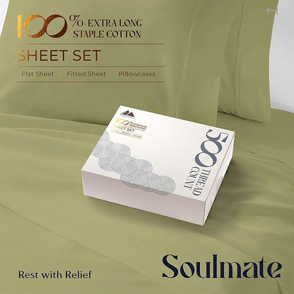 Mayfair Linen 500 Thread Count Twin XL Cotton Sheets - 3 PC Twin XL Size Bed Sheet Set Cotton (Sage Green), Soft, Cooling, Sateen Weave Hotel-Quality 16" Deep Pocket Bedsheet (Fits 18" Mattress)