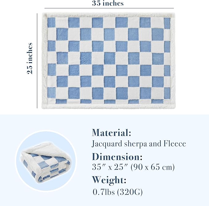 Checkered Dog Blanket, Blue Jacquard Sherpa Blanket for Small Dog and Cats, Cute Aesthetic Style Fluffy Fleece Pets Blanket for Couch Protection Washable, 25"x35"