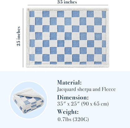 Checkered Dog Blanket, Blue Jacquard Sherpa Blanket for Small Dog and Cats, Cute Aesthetic Style Fluffy Fleece Pets Blanket for Couch Protection Washable, 25"x35"