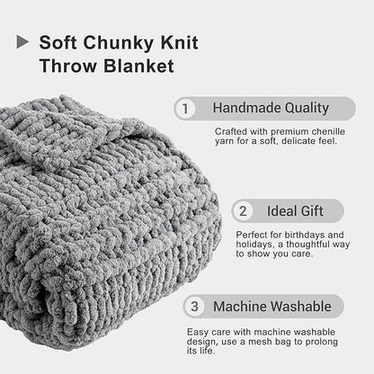 Battilo Light Grey Chunky Knit Throw Blanket for Couch, Thick Warm Cozy Soft Chenille Throw Blanket, Handmade Cable Knit Blanket for Sofa,Bed, Living Room, 50"x60"