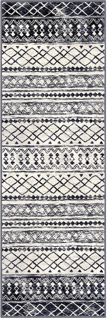 KUTA 2x6 Non-Slip Washable Runners for Hallways,Black Navy Blue Moroccan Boho Distressed Geometric Vintage Kitchen Runner, Ultra Soft Floor Mat for Entryway, Bathroom, Laundry, Living Room, Bedroom