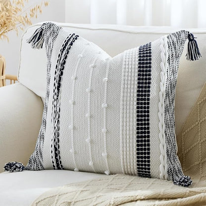 Boho Pillow Cover 18x18 Navy Blue - Handmade Woven Textured Throw Pillow Case with Cordings & Tassels, Decorative Accent for Couch Sofa Farmhouse Living Room Home Decor
