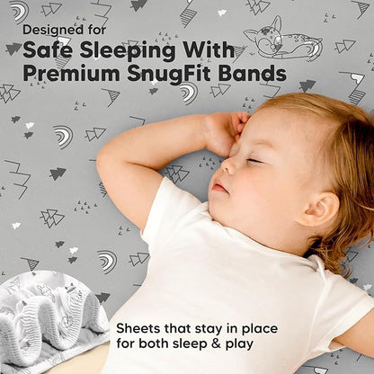 Pack and Play Sheets Fitted - 2-Pack Mini Crib Sheets for Pack N Play Mattress 38x26, Soft & Cozy, Neutral Toddler Playard Bedding, Snug Fitted Mini Baby Crib Mattress Cover Boy, Girl (Woodland)