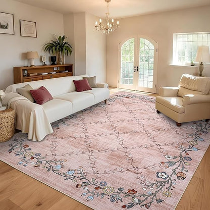 GarveeHome 4x6 Washable Floral Area Rugs for Living Room: Modern Floral Non Slip Large Area Rugs for Bedroom, Large Machine Washable Living Room Low Pile Carpet with Non-Slip Backing Pink 4 ft x6 ft.