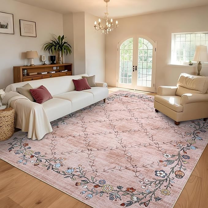 GarveeHome 8x10 Washable Floral Area Rugs for Living Room: Modern Floral Non Slip Large Area Rugs for Bedroom, Large Machine Washable Living Room Low Pile Carpet with Non-Slip Backing Pink 8'x10'.