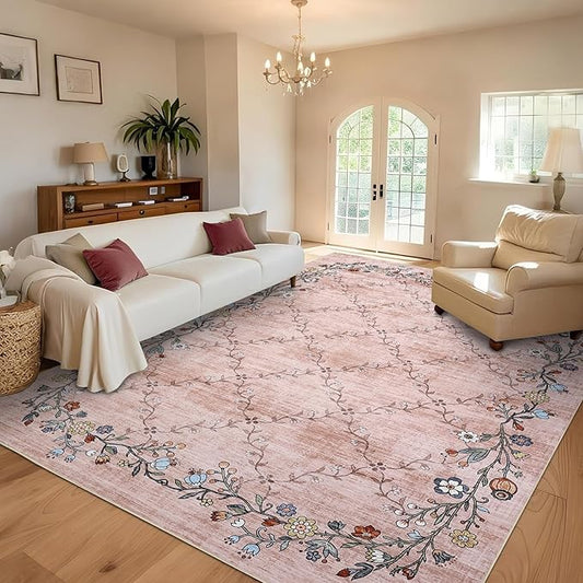 GarveeHome 8x10 Washable Floral Area Rugs for Living Room: Modern Floral Non Slip Large Area Rugs for Bedroom, Large Machine Washable Living Room Low Pile Carpet with Non-Slip Backing Pink 8'x10'.