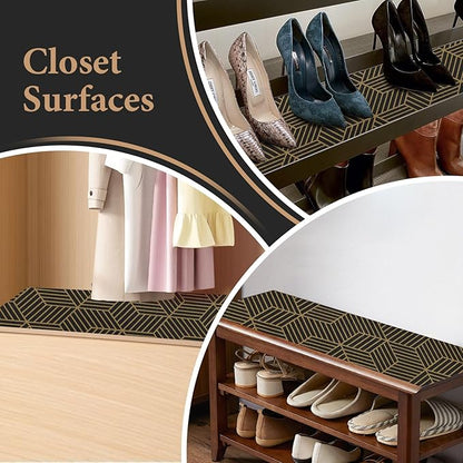 Shelf Liners for Kitchen Cabinets 17in x 30FT, Non Adhesive Cabinet Liner Strong Non-Slip Black Gold Geometric Drawer Liner, Easy to Clean for Shelf, Cabinet with Knife and Tape Measure