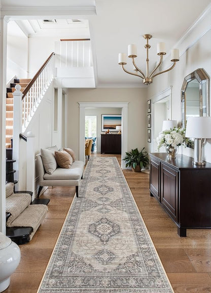 Lahome Oriental Hallway Runner Rug, 2.5x10 Washable Runner Ultra-Thin Hallway Rug for Bedroom Entryway, Soft Long Carpet for Kitchen Bathroom ‎Laundry Room, Grey/Brown