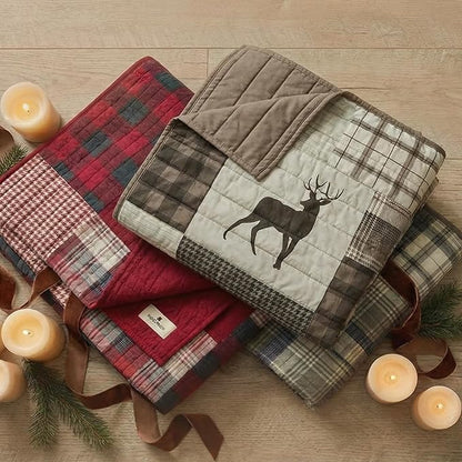 Woolrich Luxury Quilted Throw - Cabin Lifestyle, Patchwork with Moose Design All Season, Lightweight and Breathable Cozy Bedding Layer Throws for Couch Sofa, 50" W x 70" L, Tasha Taupe