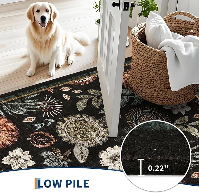 GarveeHome 4x6 Floral Washable Area Rug: Large Living Room Area Rug with Non-Slip Backing Washable Ultra Soft Bedroom Floral Carpet Indoor Stain Resistant Carpet for Dining Room 4 * 6 ft Black