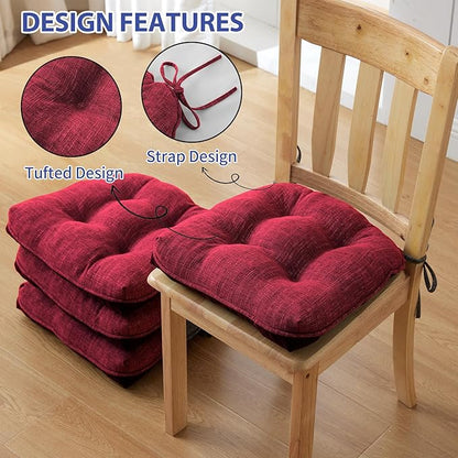 Chair Cushions for Dining Chairs Set of 4, Red Kitchen Chair Cushions, Chair Pads with Ties and Non Slip Backing, Christmas Room Decor, Tufted Memory Foam Seat Cushion 4 Pack, 15.5"x15.5"x4"