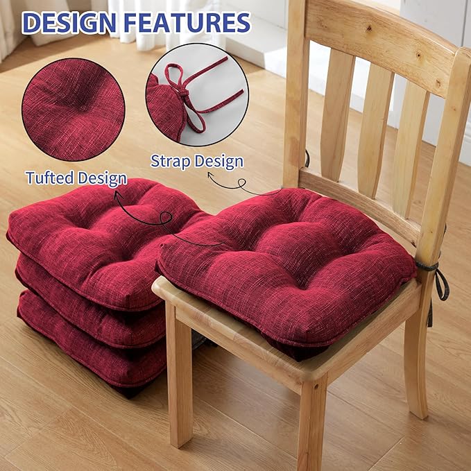 Chair Cushions for Dining Chairs Set of 2, Red Kitchen Chair Cushions, Chair Pads with Ties and Non Slip Backing, Christmas Room Decor, Tufted Memory Foam Seat Cushion 2 Pack, 15.5"x15.5"x4"