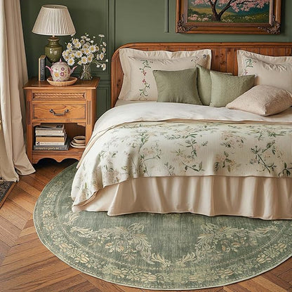 jinchan Round Rug 6ft Area Rugs Vintage Floral Distressed Design Machine Washable Soft Non-Slip Low-Pile Ultra-Thin Christmas Circle Rug for Living Room Dining Room Bedroom (6' Round, Dark Green)