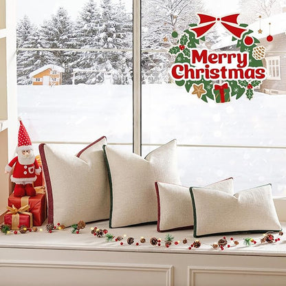 a moment Christmas Dark Green Loop Yarn Linen-Like Pillow Cover Natural Soft Decorative Throw Pillow Case Farmhouse 18x18 Inch, Textured Cushion Cover for Sofa Bed, Wrinkle-Resistant Home Decor