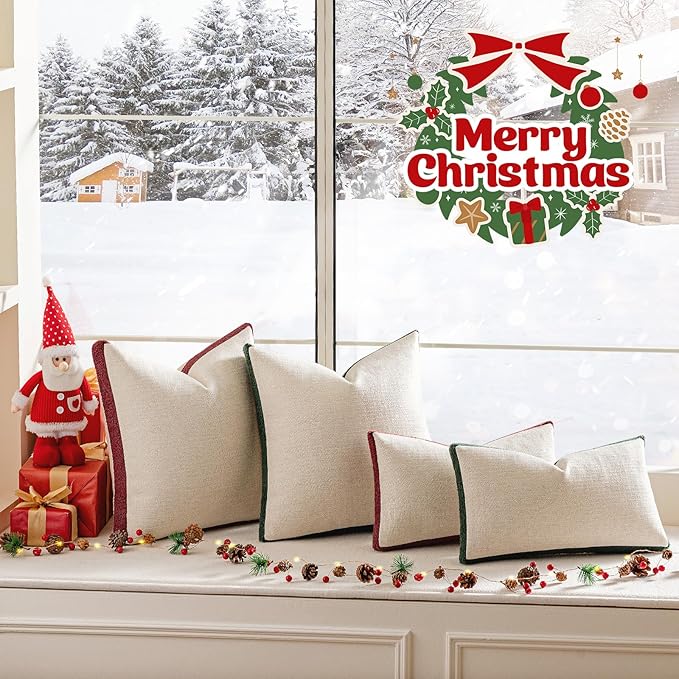 a moment Christmas Dark Green Loop Yarn Linen-Like Pillow Cover Natural Soft Decorative Throw Pillow Case Farmhouse 20x20 Inch, Textured Cushion Cover for Sofa Bed, Wrinkle-Resistant Home Decor