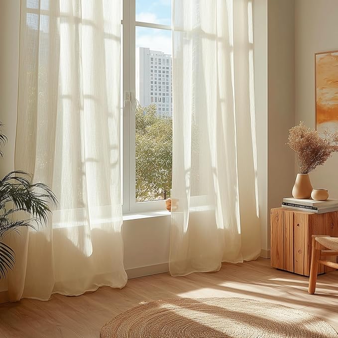 Dreaming Casa Ivory Sheer Curtains 102 Inches Long, Rod Pocket & Back Tab Light Filtering Textured Sheers for Living Room Bedroom, 2 Panels, Each 100" W x 102" L