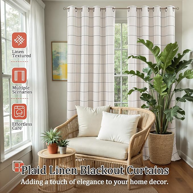 Plaid Patterned Curtains Thermal Insulated - 96 Inches Extra Long Total Linen Blackout Curtains for Living Room, Boho Drapery for Farmhouse Bedroom 52x96 Inch 2 Panels, Dark Grey