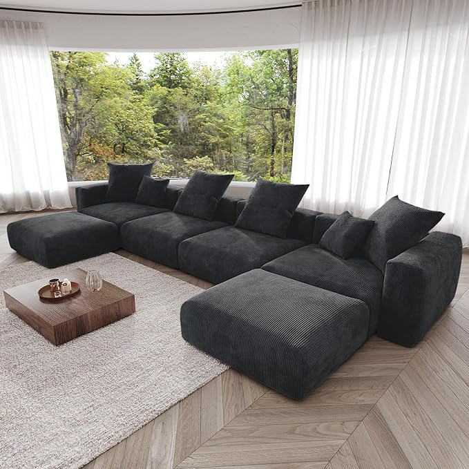 JACH 181" Oversized Modular Sectional Sofa, U-Shaped Deep 4-Seats Sectional Couch with Chaise Ottomans, Huge Plus Convertible Soft Sofas, Corduroy Minimalist Couches for Living Room, Apartment, Black