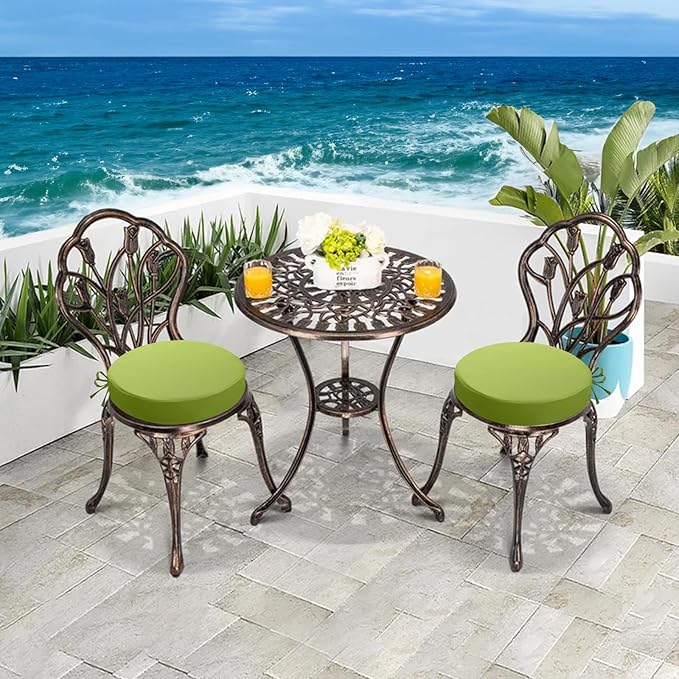 idee-home Outdoor Bistro Chair Cushions, 15”x15”x 3” Thick Outdoor Round Seat Cushions Set of 4 with Ties, Waterproof Round Patio Furniture for Garden