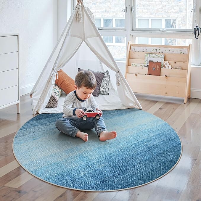 Wonnitar Modern Ombre Washable Round Rugs 5ft, Blue Round Living Room Rug, Soft Circle Bedroom Area Rug, Non-Slip Contemporary Low Pile Large Throw Carpet for Nursery Dining Room (Blue, Round 5ft)