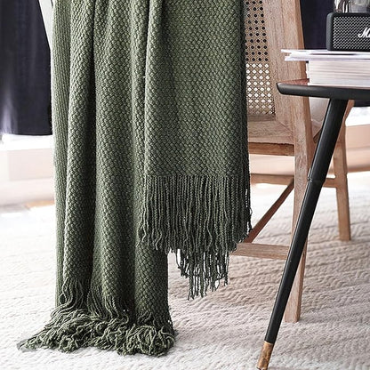 LOMAO Knitted Throw Blanket with Tassels Bubble Textured Lightweight Throws for Couch Cover Home Decor (Dark Olive, 60x90)