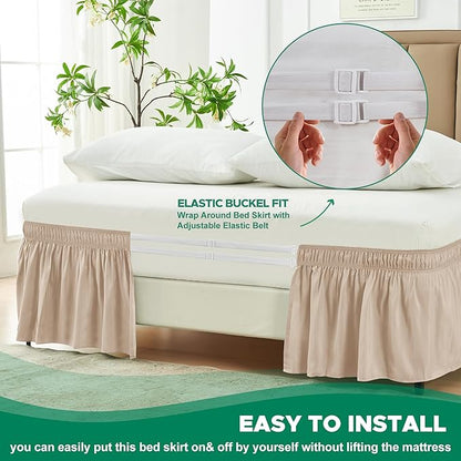Biscaynebay Wrap Around Bed Skirts with Adjustable Belts for Full & Full XL Beds 15" Drop, Sand Elastic Dust Ruffles Easy Fit Wrinkle & Fade Resistant Silky Luxurious Fabric Machine Washable