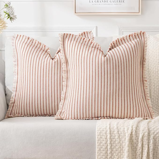 MIULEE Pack of 2 Rust Pillow Covers 22x22 Inch Striped Farmhouse Couch Throw Pillow Covers with Fringe Chic Linen Decorative Cushion Covers for Sofa Living Room Bed Outdoor Home Decor