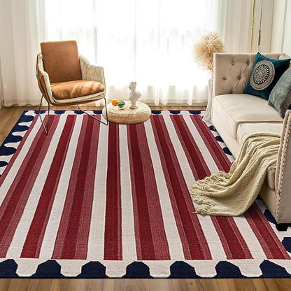 9CH Red White Stripes Area Rug 7' X 5' Navy Blue Modern Geometric Lines Faux Wool Rugs Soft Non-Slip Vintage American Flag Carpet for Bedroom Dining Room Office