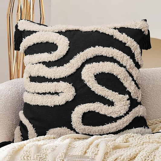 Adabana Black and Beige Pillow Covers Decorative Tufted Abstract Throw Pillows Cover Modern Farmhouse Home Decor for Couch Living Room Safa Bed,18X18 Inch