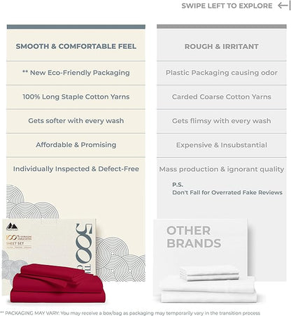 Mayfair Linen 500 Thread Count Full Cotton Sheets - 4 PC Full Size Bed Sheet Set Cotton (Red), Soft, Cooling, Sateen Hotel-Quality 16" Deep Pocket Bedsheet for Hot Sleepers (Fits 18" Mattress)