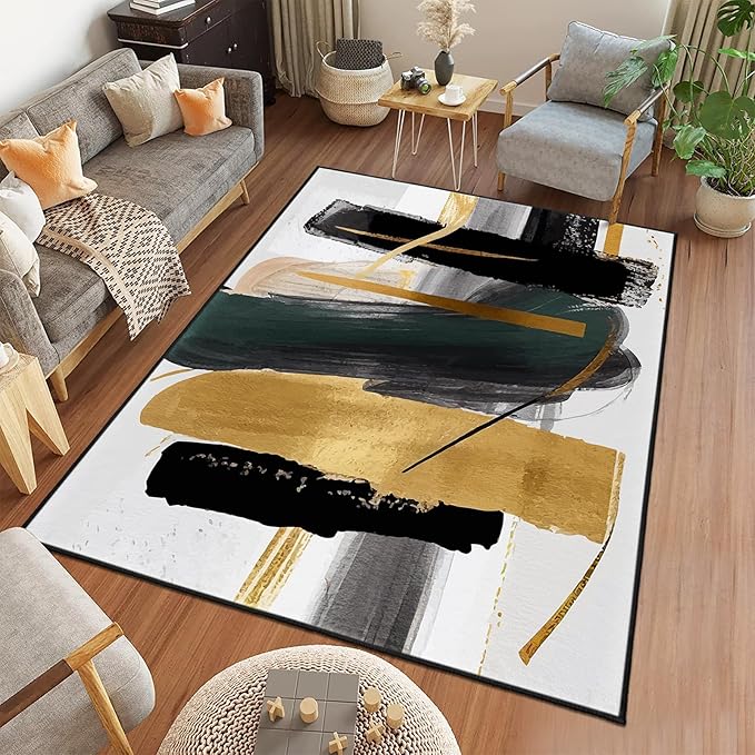 9CH Fashion Modern Area Rug 7' X 5', Abstract Art Painted Black White Gold Foil Modern Artwork Area Rug Non-Slip Carpet for Living Room Bedroom Dining Room