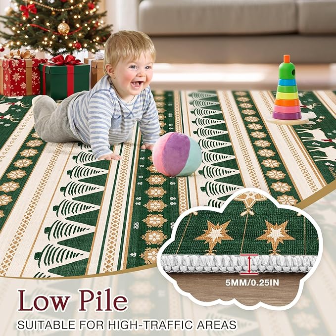 Abstract Living Room Rug 5X7 - Modern Washable Christmas Soft Thin Area Rug for Living Room Bedroom Under Dining Table - Neutral Indoor Floor Rug Carpets for Home Office Playroom Nursery - Green Gold