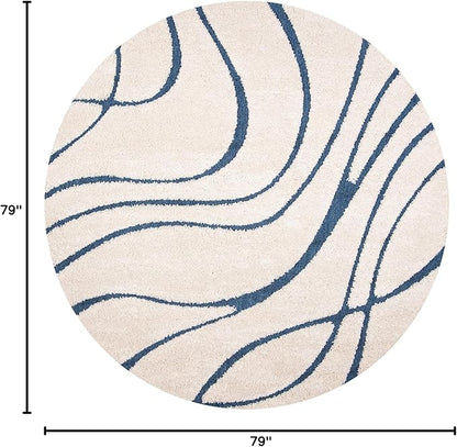 SAFAVIEH Florida Shag Collection 6'7" Round Cream/Blue SG471 Abstract Wave Non-Shedding Living Room Bedroom Dining Room Entryway Plush 1.2-inch Thick Area Rug