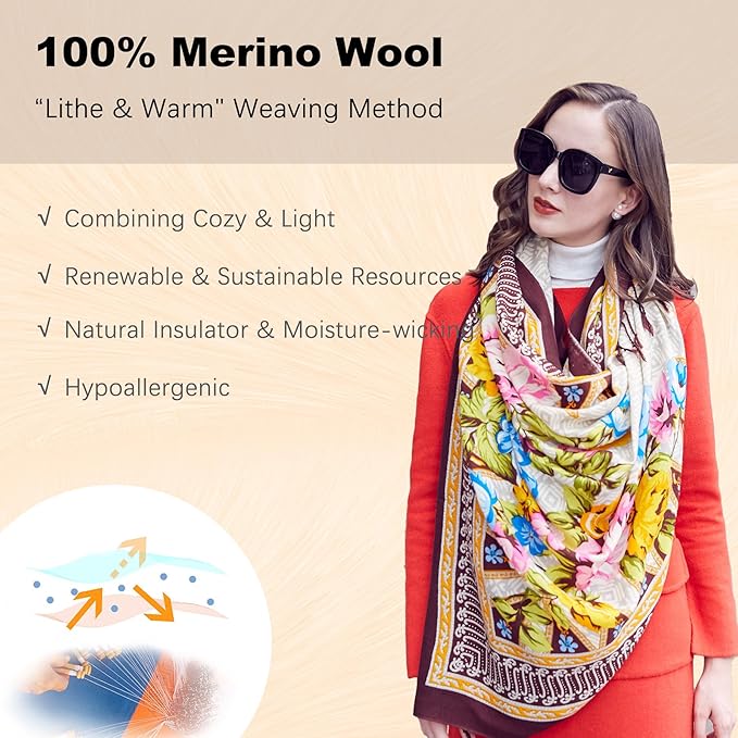 DANA XU 100% Merino Wool Pashmina Shawl for Women 96"x43", Oversized Cashmere Wrap with Tassels, Floral Travel Blanket Cape
