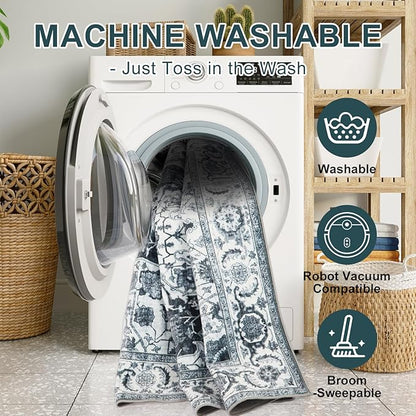 WILLSUN Washable Area Rugs, 3x5 Non-Slip Boho Large Area Rugs for Living Room, Bedroom, Machine Washable Vintage Rug, Indoor Floral Print Carpet for Home Decor, Kid & Pet Friendly Mat