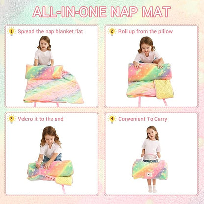 Toddler Nap Mat with Pillow and Blanket, Extra Large Rolled Napping Mats,Slumber Bags for Boys Girls,Kids Sleeping Bag for Daycare, Preschool Travel Camping