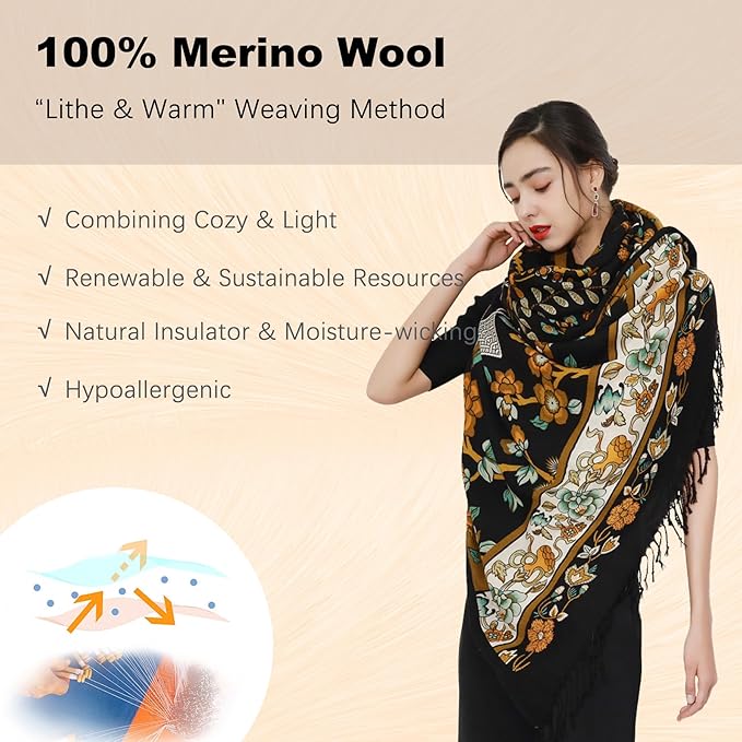 DANA XU 100% Merino Wool Extra Large Pashmina Blanket Travel Scarf Cashmere Wrap for Women Fall Winter Oversize Shawl Floral