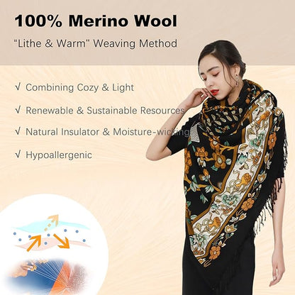 DANA XU 100% Merino Wool Extra Large Pashmina Blanket Travel Scarf Cashmere Wrap for Women Fall Winter Oversize Shawl Floral
