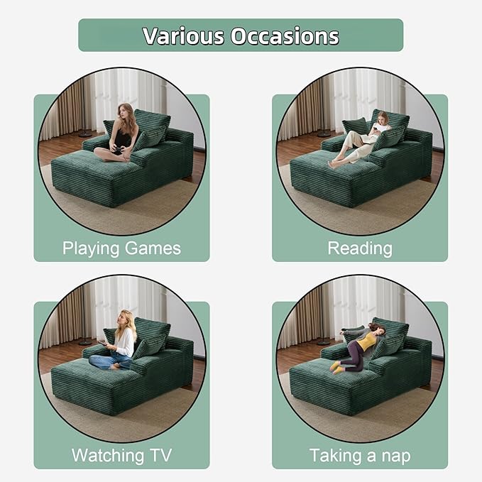Chaise Lounge Chair Indoor, Oversized Comfy Fluffy Cloud Couch with Throw Pillows & Deep Seat, Modern Lounge Sleeper Couch with Armrests, Upholstered Sofa Bed Chair for Living Room, Green