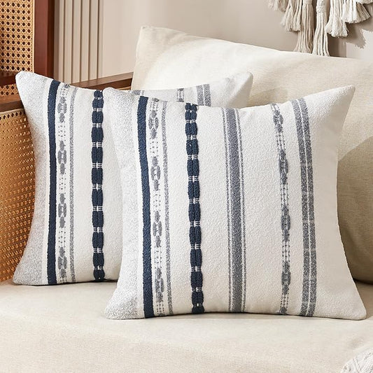 Chenille Boho Pillow Covers 18x18 Inch Decorative Throw Pillow Covers Striped Square Pillowcase Covers Modern Farmhouse Home Decor Pillow Protectors with Zipper Standard Size, Set of 2