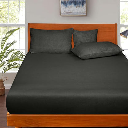 ROYALE LINENS 300 Thread Count 100% Long Staple Combed Cotton Fitted Sheet Twin XL - Super Soft Deep Pocket Bottom Sheet - Fitted Sheets Only - Elastic Sheets (Twin XL, Black)