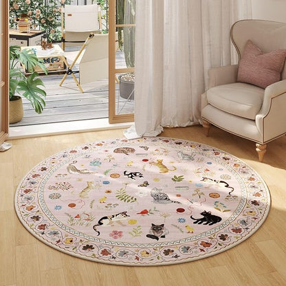 Rugcomf Round Rug 4ft Washable Circle Rug Non Slip Low Pile Boho Floral Animal Cat Small Circular Rug for Bedroom Bathroom Entryway Kids Room Office College Dorm, Pink