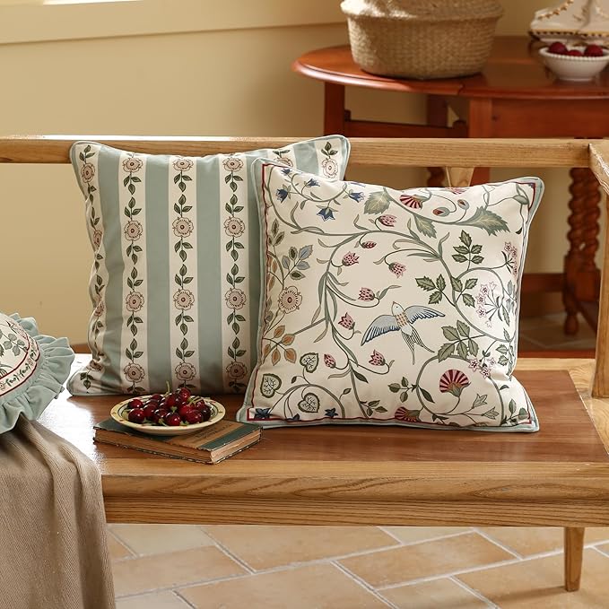 Square Throw Pillow Covers Pack of 2,Green Cozy Velvet Farmhouse with Birds and Flowers Pattern Pillowcases,Decoration Pillows Cushion Covers for Couch Sofa Bed Car Chair,18"x18"
