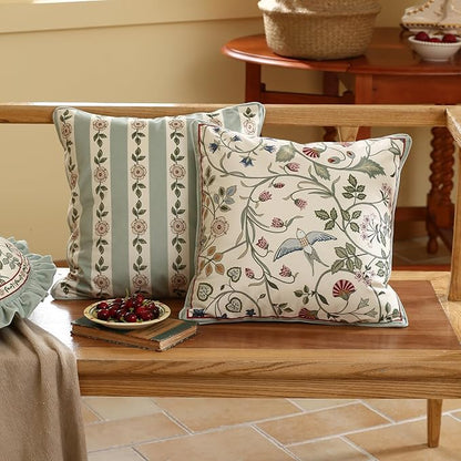 Square Throw Pillow Covers Pack of 2,Green Cozy Velvet Farmhouse with Birds and Flowers Pattern Pillowcases,Decoration Pillows Cushion Covers for Couch Sofa Bed Car Chair,18"x18"