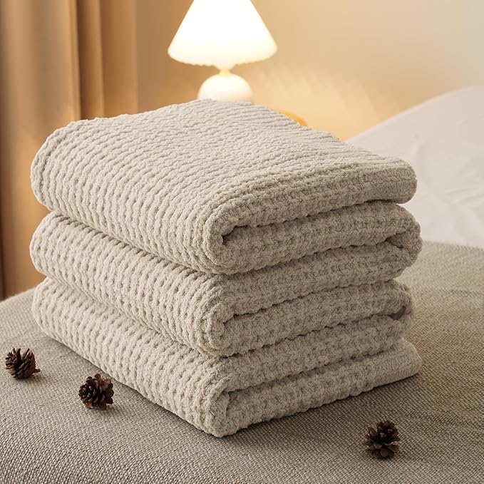 PHF Chenille Waffle Knit Throw Blanket- Plush Warm & Cozy 50" x 60" Ultra Soft Blanket- Chunky Fluffy Waffle Throws for Couch Bed Sofa - Natural