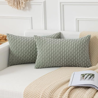 Kevin Textile 12x20 Inch Pillow Cover 1 Pack Boho Decorative Soft Striped Corduroy Lumbar Farmhouse Color Accent Rectangle Cushion Case for Living Room Couch Sofa Bed, Greyish Green