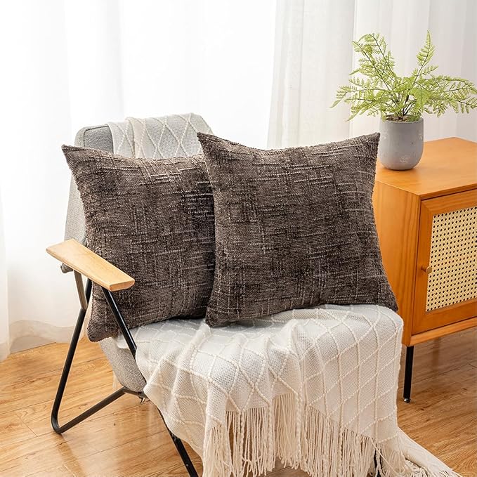 Decorative Throw Pillow Covers 22x22 Inch Set of 2, Soft Solid Farmhouse Chenille Couch Pillows, Spring Pillow Covers for Couch Sofa Bed Living Room Home Decor Pillowcase, Brown
