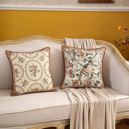 patdrea Designer Vintage Floral Throw Pillow Covers for Couch Set of 2,Brown Linen Pillowcases with Bird and Rose Pattern Decorative Square Cushion for Bed Living Room Outdoor Cafe Car,18"x18"